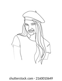 Happy girl single line art illustration, Girl had cap, one line art.