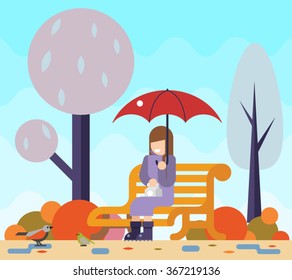 Happy girl sit bench park watch birds puddles umbrella autumn nature park concept flat landscape background template vector illustration