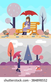Happy girl sit bench watch birds dog puddles umbrella autumn spring nature park concept flat landscape background template vector illustration