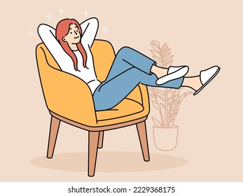 Happy girl sit in chair relaxing on weekend. Smiling young woman rest in armchair at home on leisure. Relaxation concept. Vector illustration. 