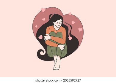 Happy girl sit in heart shaped hair image, flat vector illustrations. Smiling woman feel calm and balanced. Self love and care. Mental health, healing concept. Psychology therapy, positive thinking. 