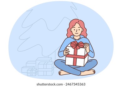 Happy girl sit near fir tree excited with presents for Christmas. Smiling child overjoyed with gifts for New Year. Winter holiday celebration. Vector illustration.