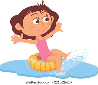 Happy girl sit on pool donut in water. Summer kid activity