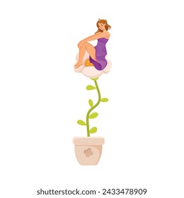 Happy Girl Sit on Top of Flower Growing on Stem in Pot Vector Illustration