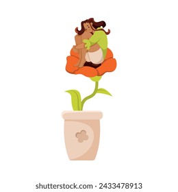 Happy Girl Sit on Top of Flower Growing on Stem in Pot Vector Illustration