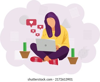 The happy girl, sit and working with laptop, vector