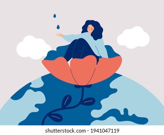 Happy girl sits in the flower and catch water drops. Smiling female cares about yourself. Nature therapy and finding inner peace. Wellbeing and healthy lifestyle concept. Vector illustration