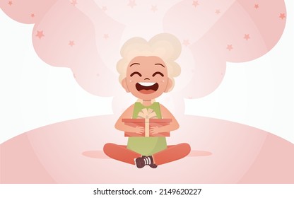 A happy girl sits in a lotus position and holds a gift box in her hands. Vector.