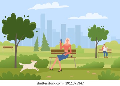 Happy girl sits on bench outdoor vector illustration. Cartoon flat young lonely woman sitting on public city park bench, smiling and holding smartphone in hand, relax in summer nature background