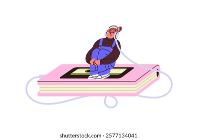 Happy girl sits on storybook and listens to audiobook with headphones. Reader relaxes with audio novels, stories. Digital literature. Reading books concept. Flat isolated vector illustration on white