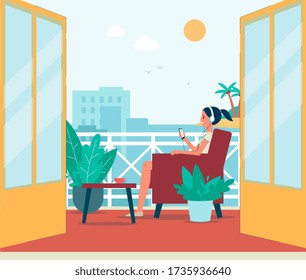 Happy girl sitting in chair on cozy balcony and listening to music on headphones. Cartoon woman relaxing in outdoor seating area on sunny day - flat vector illustration.