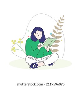 A happy girl sitting cross-legged is reading a book on the carpet.

Strokes are not outlined.