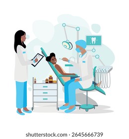 Happy girl sitting in a dentist's chair in the dentist's office. Children's dentist. Vector illustration on a white background.