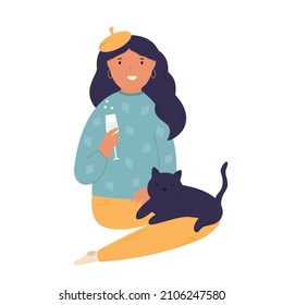 Happy girl sitting with a glass of cocktail and a cat on her knees. Vector illustration in a modern flat style