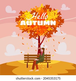 Happy girl sitting on a bench with a cup of coffee, under a tree with falling yellow leaves in a park, text Hello Autumn. Vector, illustration