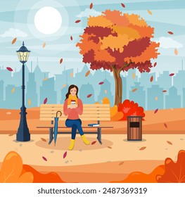 happy girl sitting on a bench with a cup of coffee, under a tree with falling leaves in a park. beautiful autumn city park with bench. Vector illustration in flat style