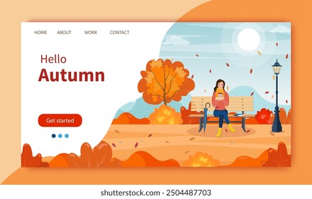 happy girl sitting on a bench with a cup of coffee, under a tree with falling leaves in a park. beautiful autumn city park with bench. Website Landing Page template. Vector illustration in flat style