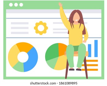 Happy girl sitting on a chair and raising her hand up. Adolescent learning activity indicators. Data analysis concept. Statistical graph with indicators. Billboard with inscriptions and a pie chart