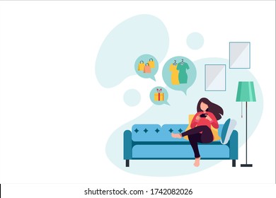 Happy girl sitting on the couch makes purchases on the Internet, browsing the Internet on the phone. Using a computer application Online shopping Girl sale concept. Stock Vector Graphics