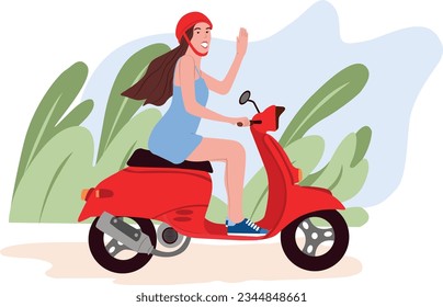 Happy girl sitting on modern red motor scooter in nature. Flat color vector illustration of +a happy girl on motorbike isolated on white background