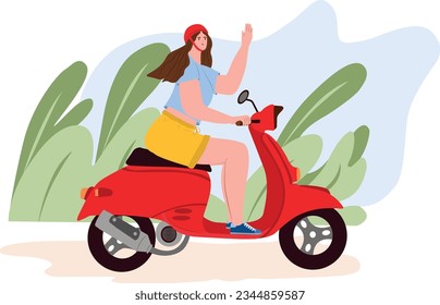 Happy girl sitting on modern red motor scooter in nature. Flat color vector illustration of a happy girl on motorbike isolated on white background