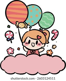 A happy girl sitting on pink clouds, surrounded by balloons, in a dreamy and magical scene.
