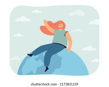 Happy girl sitting on planet flat vector illustration. Cheerful woman sitting on globe and waving. Greeting, wellbeing, healthy lifestyle concept for banner, website design or landing web page