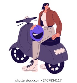 Chica feliz sentada en una moto, sostiene casco. Los motociclistas conducen en moto, en moto. Motocicleta eléctrica, transporte ecológico rápido, vehículo moto. Ilustración vectorial aislada plana sobre fondo blanco