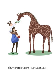 Happy girl sitting on the shoulders of his father and feeds the giraffe leaves. Family at the zoo considering african giraffe. Vector illustration.