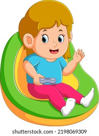 The happy girl is sitting on the sofa and playing the video game of illustration