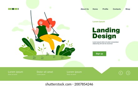 Happy girl and sitting on swing, smiling and swinging flat vector illustration. Cartoon female character in good mood having fun outdoors. Leisure and lifestyle concept