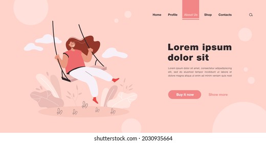 Happy girl and sitting on swing, smiling and swinging flat vector illustration. Cartoon female character in good mood having fun outdoors. Leisure and lifestyle concept