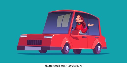 Happy girl sitting in red car. Vector cartoon illustration of female character drives vehicle isolated on green background. Professional woman driver in automobile with open window