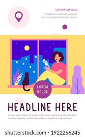 Happy girl sitting at window near cat and drinking hot beverage. Woman enjoying tea or coffee at night. Vector illustration for pet, cozy home, hygge concepts