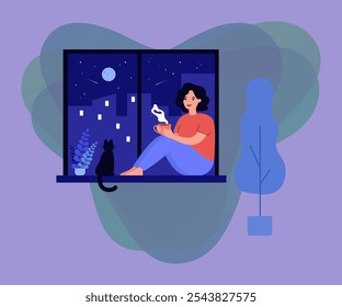 Happy girl sitting at window near cat and drinking hot beverage. Woman enjoying tea or coffee at night. Vector illustration for pet, cozy home, hygge concepts