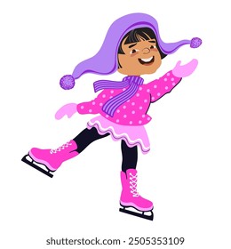 Happy girl skating on Ice. Winter outdoor activity. Child in bright winter clothes. Cartoon kid isolated on a white background. Hand-drawn flat vector illustration.