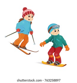 Happy girl skiing and boy snowboarding, winter sport activity, cartoon vector illustration isolated on white background. Teenage kids, children, boy and girl doing winter sport - ski and snowboard