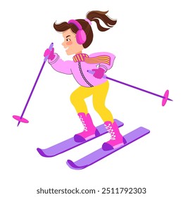 Happy girl skiing in the snow. Winter outdoor activity. Child in bright winter clothes. Cute little skier. Cartoon kid isolated on a white background. Hand-drawn flat vector illustration.