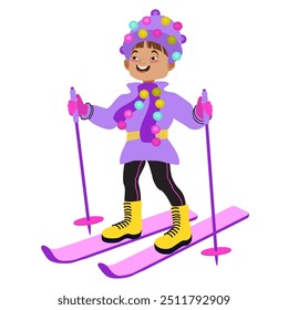 Happy girl skiing in the snow. Winter outdoor activity. Child in bright winter clothes. Cute little skier. Cartoon kid isolated on a white background. Hand-drawn flat vector illustration.