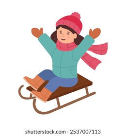 Feliz menina dormindo na neve. Atividades ao ar livre no inverno. Ilustração de vetor isolada em um fundo branco.