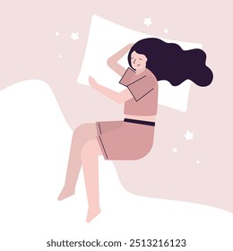 Garota feliz dorme de lado com as pernas dobradas. Personagem feminina dormindo, Mulher usar pijama e deitada na cama, Vista de cima. Sonho profundo e conceito de hora de dormir. ilustração vetor plana