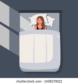 Happy girl sleeping in bed. Healthy sleep smiling woman. Vector flat illustration in cartoon style