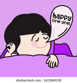 Happy Girl Sleeping In Bed With Word Happy New Year In Snoring Sign Speech Bubble Concept Card Character illustration