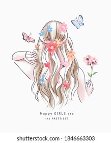 happy girl slogan with blonde hair girl with colorful flower illustration
