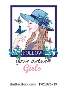 happy girl slogan with blonde hair girl with colorful flower illustration