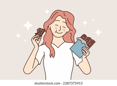 Una chica feliz sonríe y come un delicioso chocolate. Una mujer alegre disfruta de un regalo y se siente bien. Ilustración plana del vector