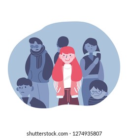 A happy girl smiling alone in a gloomy crowd. Vector illustration EPS10