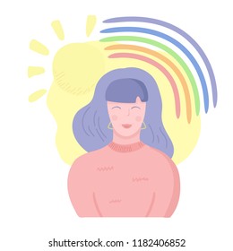 Happy girl smiling. Healthy mental state concept. Woman mental health. Rainbow and sun above the woman head. Vector illustration, cartoon flat style.