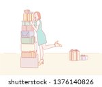 Happy girl smiling and laughing, receiving holidy present at home. Hand drawn style vector design illustrations.