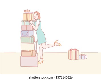 Happy girl smiling and laughing, receiving holidy present at home. Hand drawn style vector design illustrations.